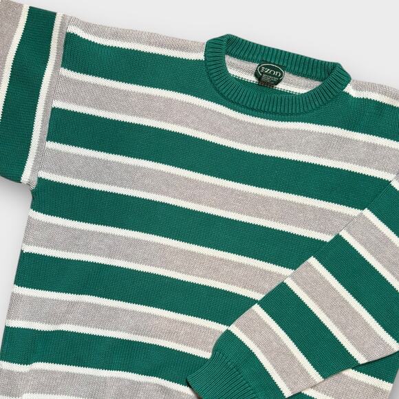 IZOD PREPPY VINTAGE STRIPE CREW NECK SWEATER GREEN WHITE GRAY LARGE - Picture 3 of 8